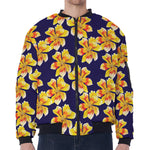 Yellow Watercolor Lily Pattern Print Zip Sleeve Bomber Jacket