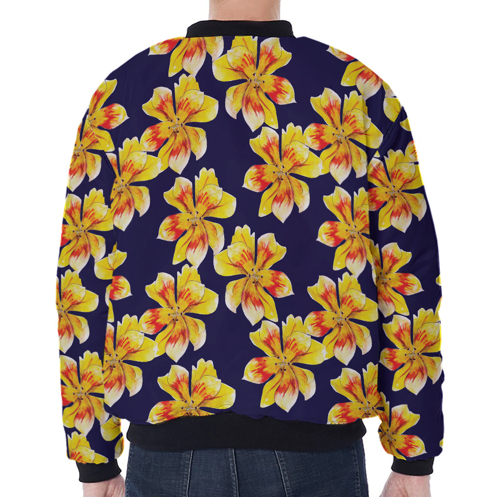 Yellow Watercolor Lily Pattern Print Zip Sleeve Bomber Jacket