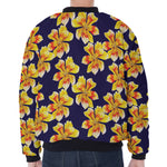 Yellow Watercolor Lily Pattern Print Zip Sleeve Bomber Jacket