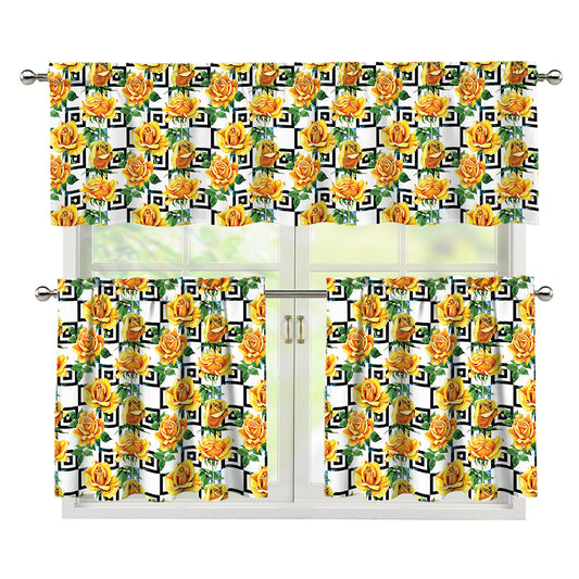 Yellow Watercolor Rose Print 3 Piece Kitchen Curtains
