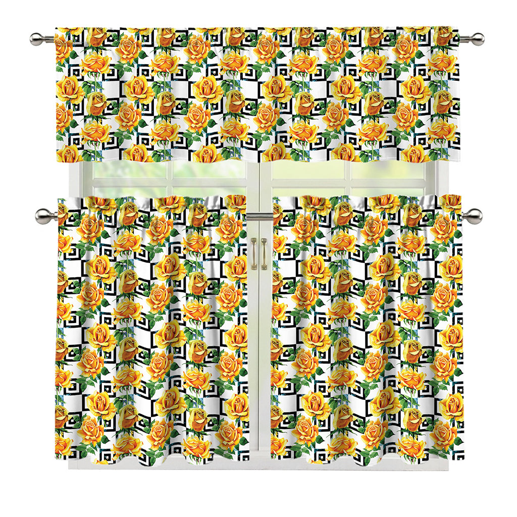 Yellow Watercolor Rose Print 3 Piece Kitchen Curtains