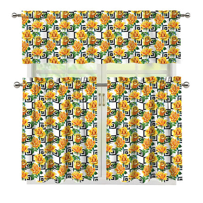 Yellow Watercolor Rose Print 3 Piece Kitchen Curtains