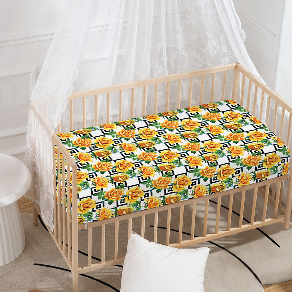 Yellow Watercolor Rose Print Baby Crib Sheet