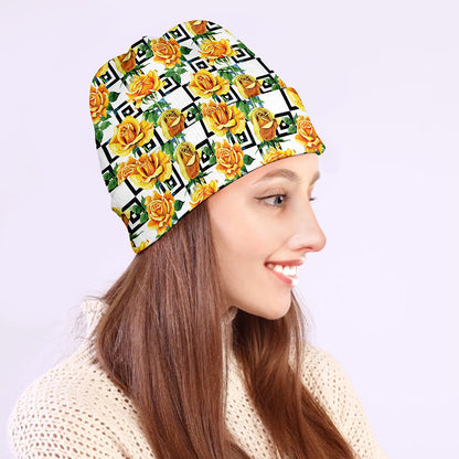 Yellow Watercolor Rose Print Beanie