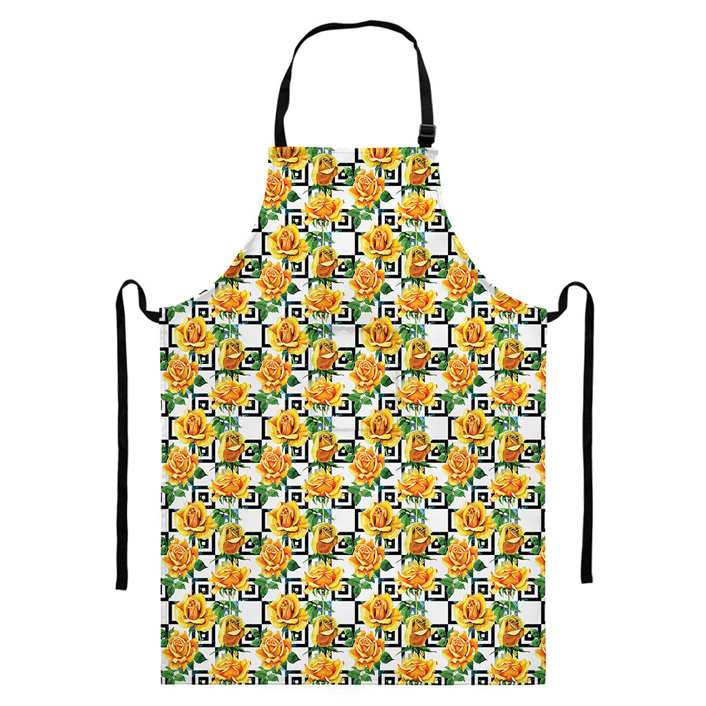 Yellow Watercolor Rose Print Bib Apron With Pocket