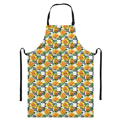 Yellow Watercolor Rose Print Bib Apron With Pocket