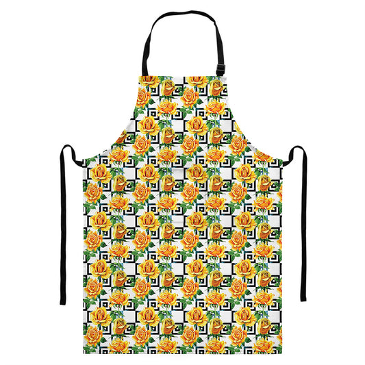 Yellow Watercolor Rose Print Bib Apron With Pocket