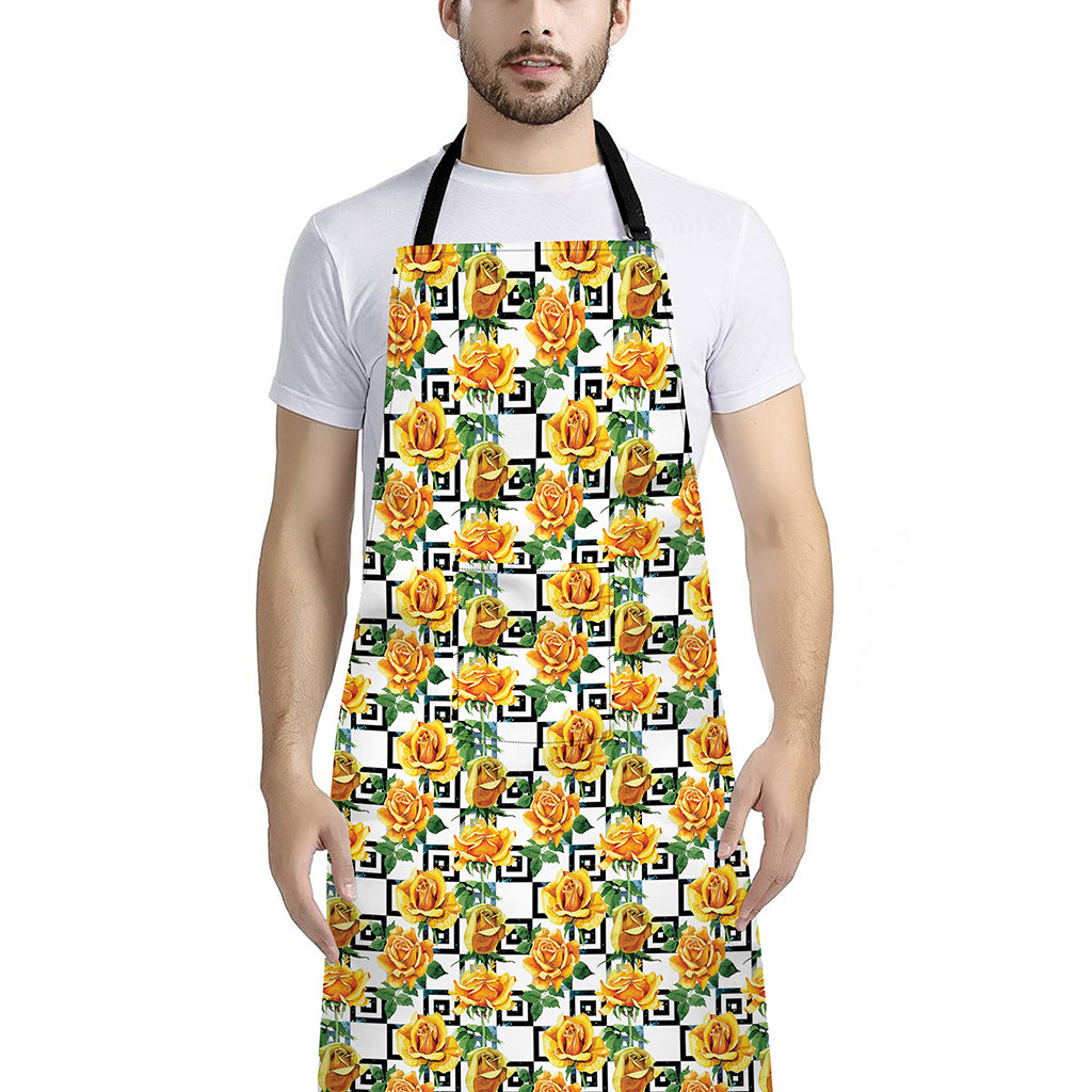 Yellow Watercolor Rose Print Bib Apron With Pocket