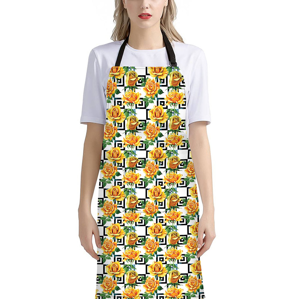Yellow Watercolor Rose Print Bib Apron With Pocket