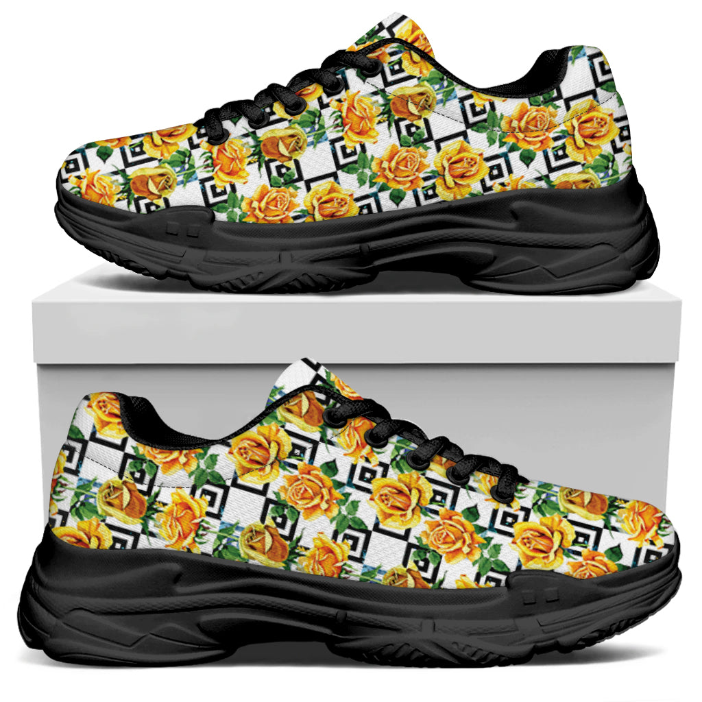 Yellow Watercolor Rose Print Black Chunky Shoes