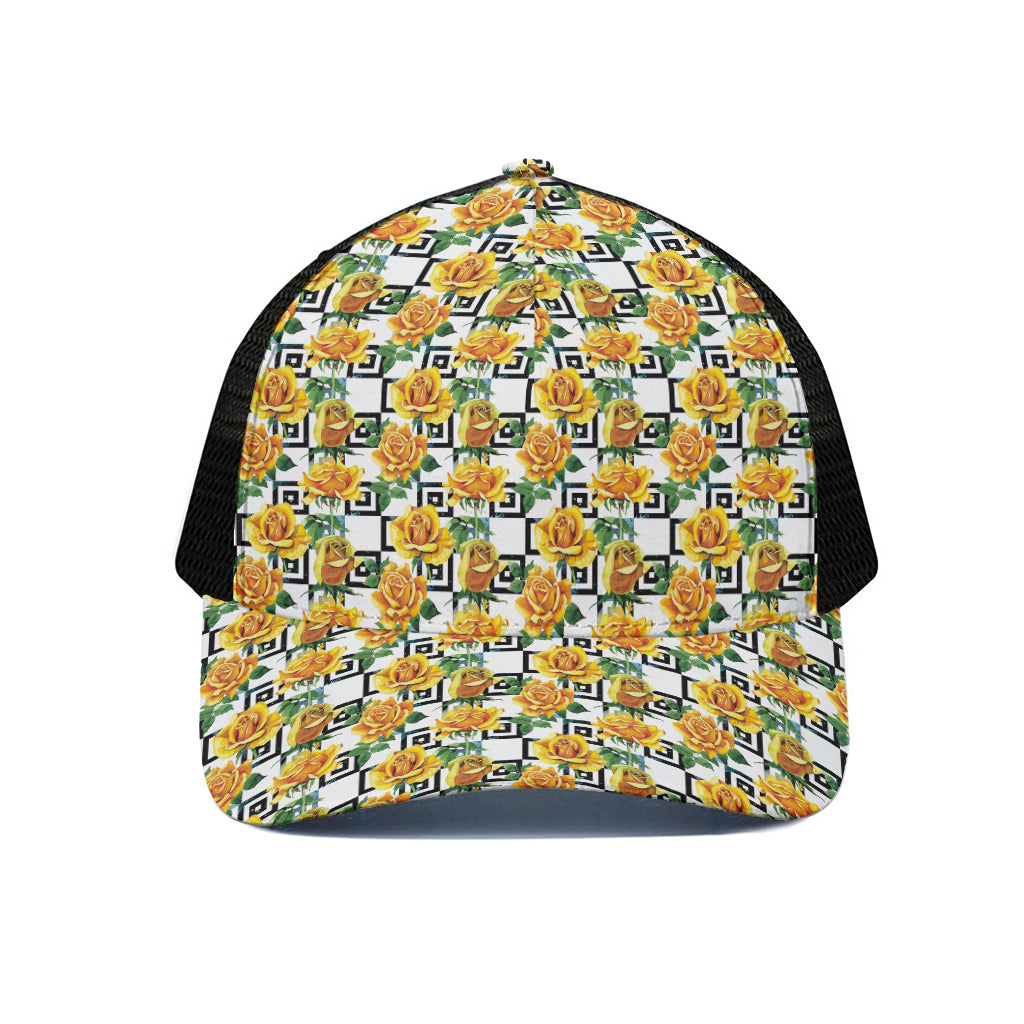 Yellow Watercolor Rose Print Black Mesh Trucker Cap