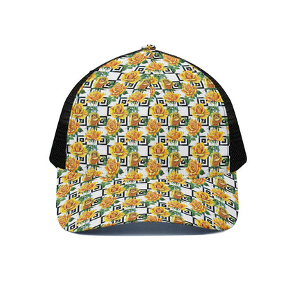 Yellow Watercolor Rose Print Black Mesh Trucker Cap