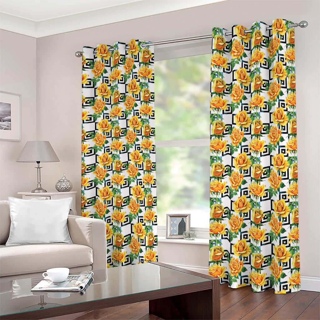 Yellow Watercolor Rose Print Blackout Grommet Curtains