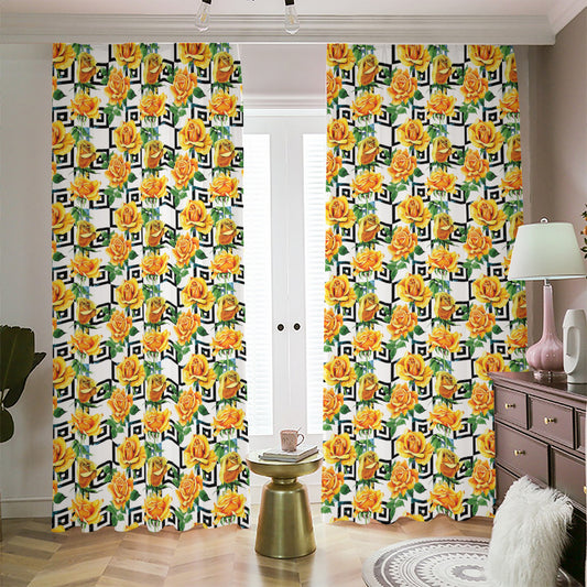 Yellow Watercolor Rose Print Blackout Pencil Pleat Curtains