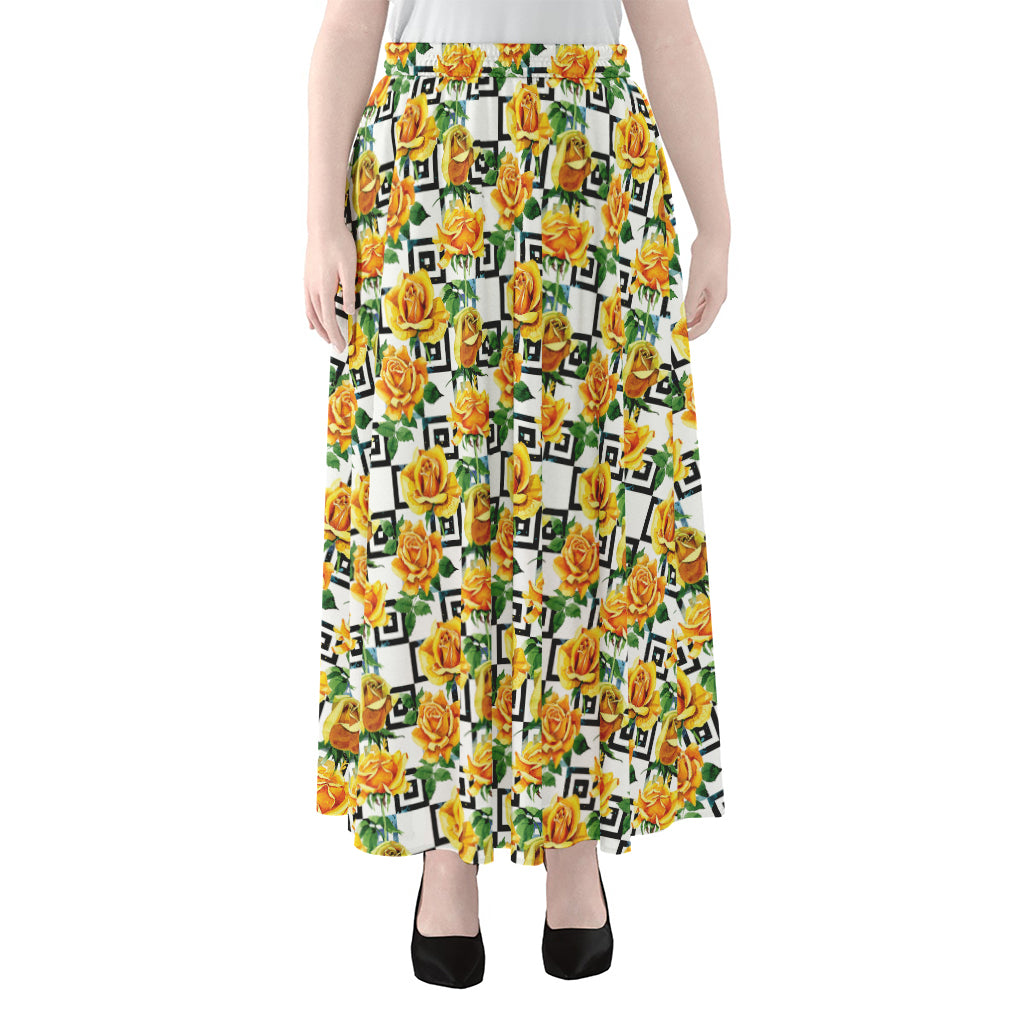 Yellow Watercolor Rose Print Chiffon Maxi Skirt