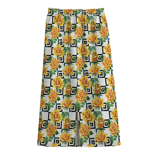 Yellow Watercolor Rose Print Cotton Front Slit Maxi Skirt