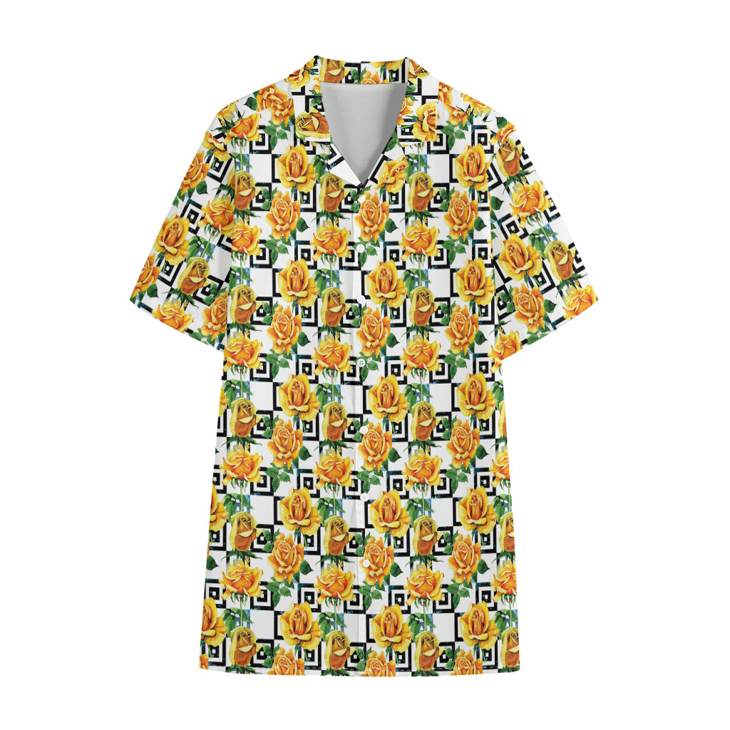 Yellow Watercolor Rose Print Cotton Hawaiian Shirt