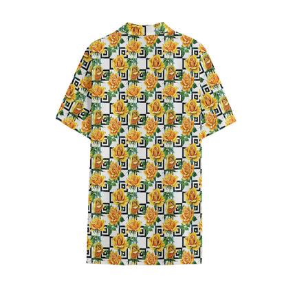 Yellow Watercolor Rose Print Cotton Hawaiian Shirt
