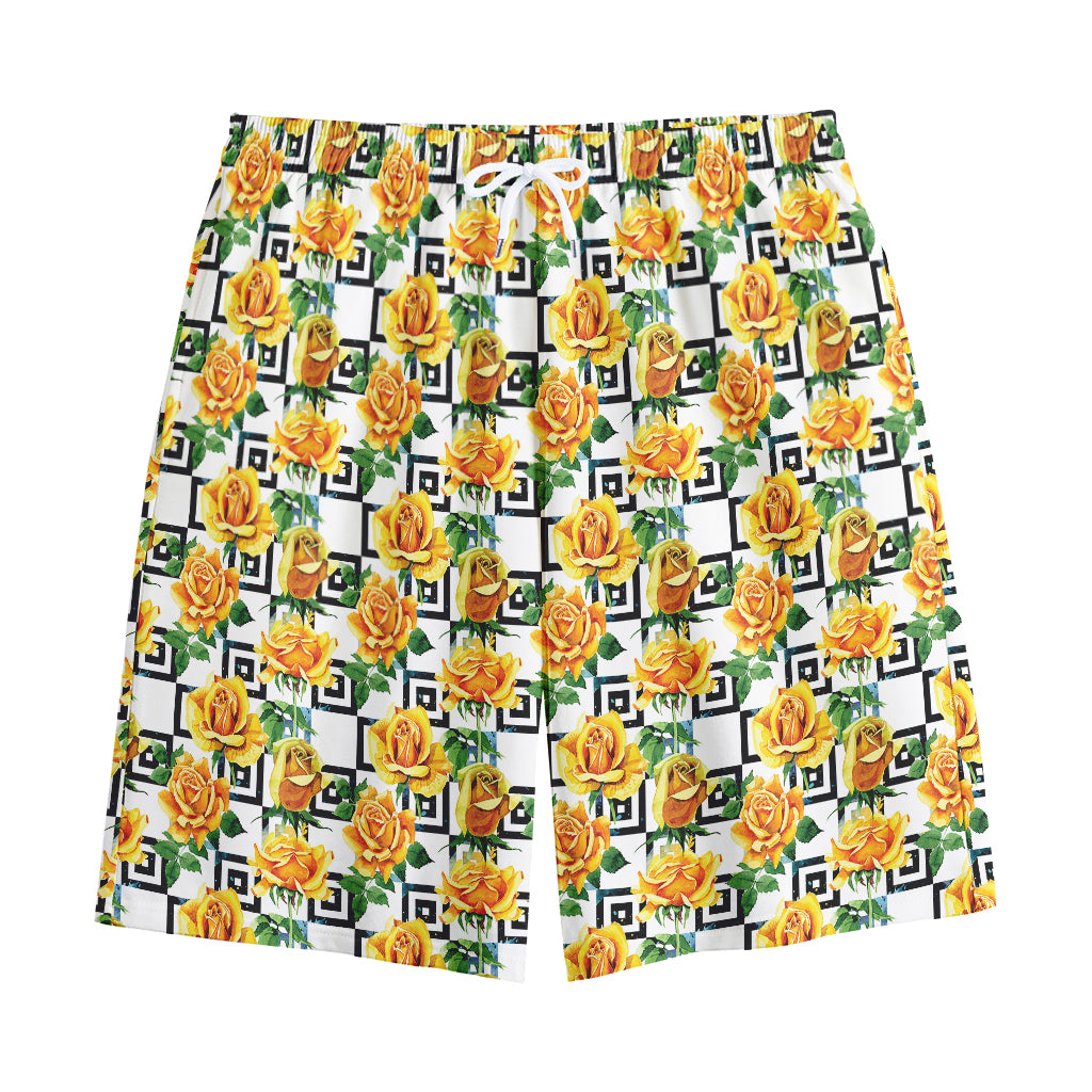 Yellow Watercolor Rose Print Cotton Shorts