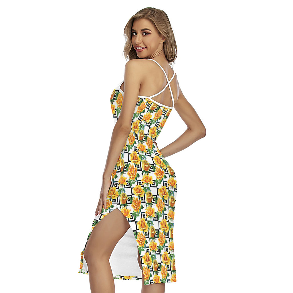 Yellow Watercolor Rose Print Cross Back Cami Dress