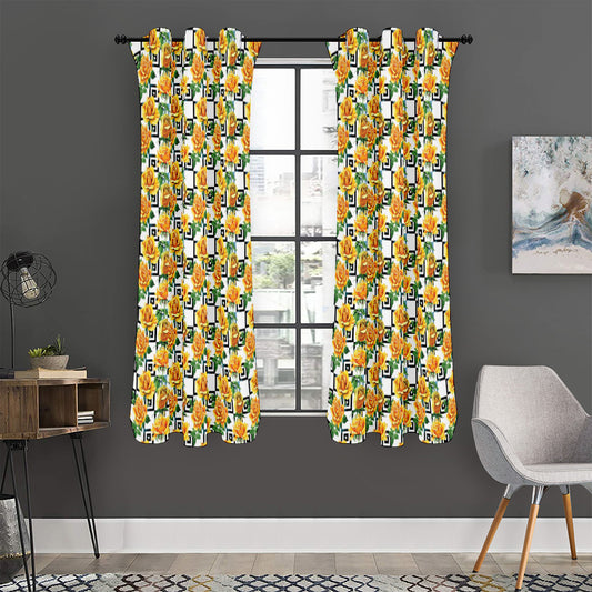 Yellow Watercolor Rose Print Curtain