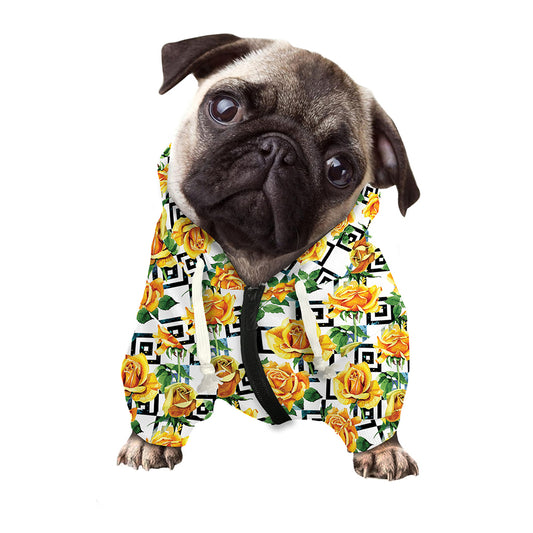 Yellow Watercolor Rose Print Dog Zip Up Hoodie