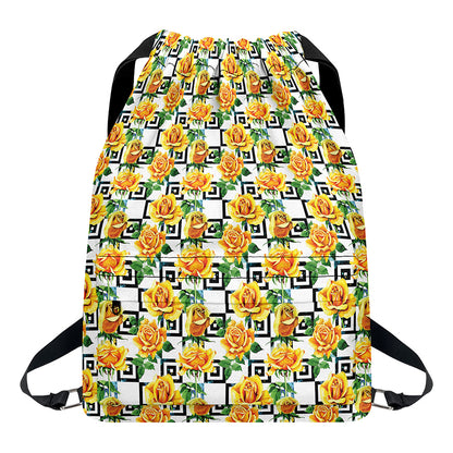 Yellow Watercolor Rose Print Drawstring Backpack