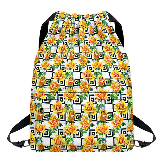 Yellow Watercolor Rose Print Drawstring Backpack