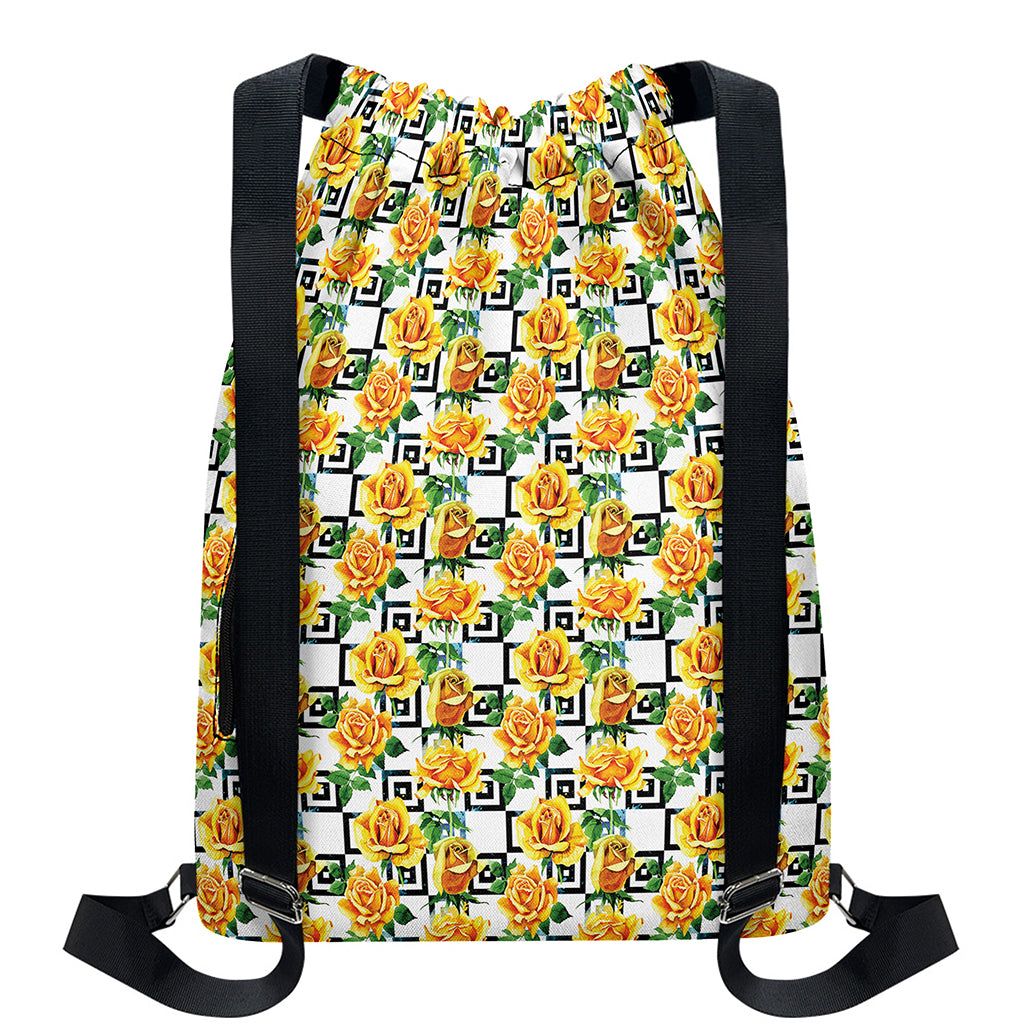 Yellow Watercolor Rose Print Drawstring Backpack