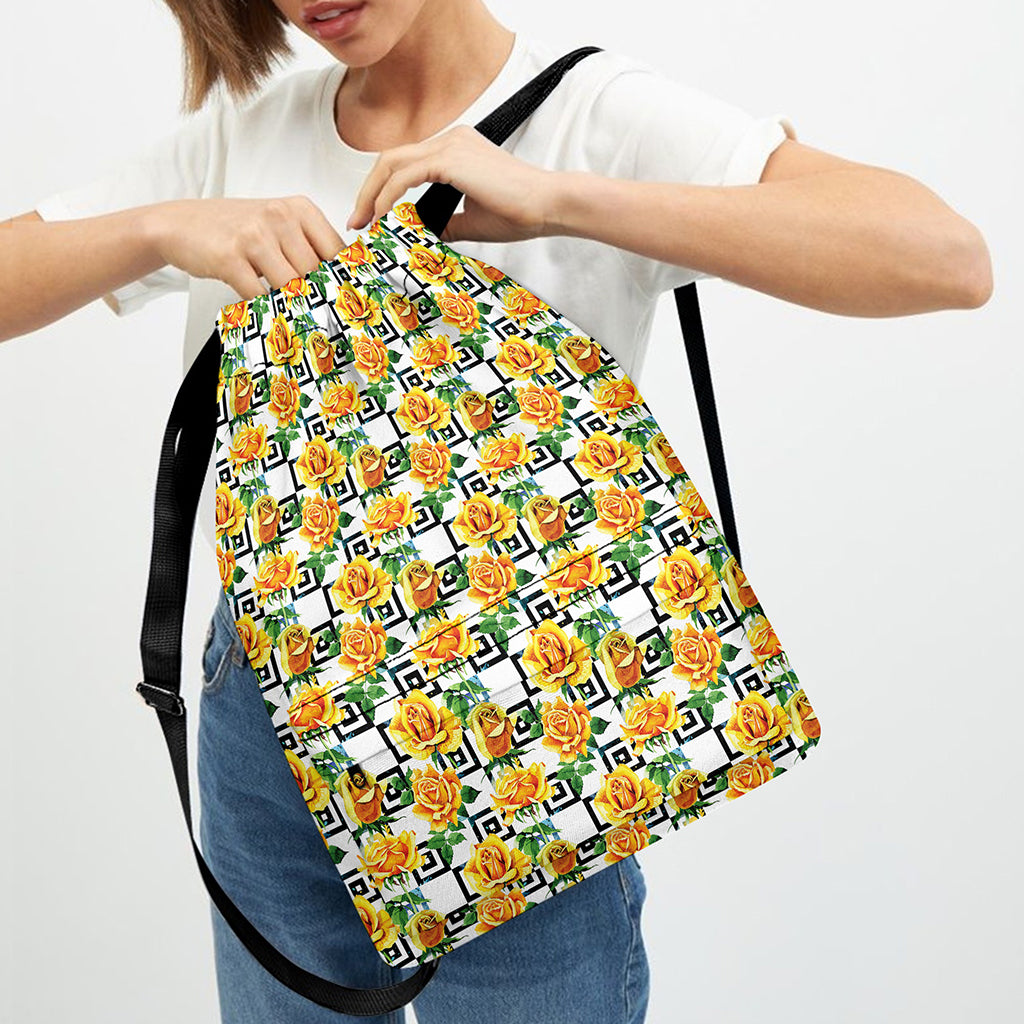 Yellow Watercolor Rose Print Drawstring Backpack