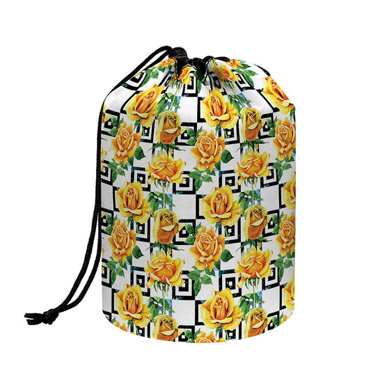 Yellow Watercolor Rose Print Drawstring Makeup Bag