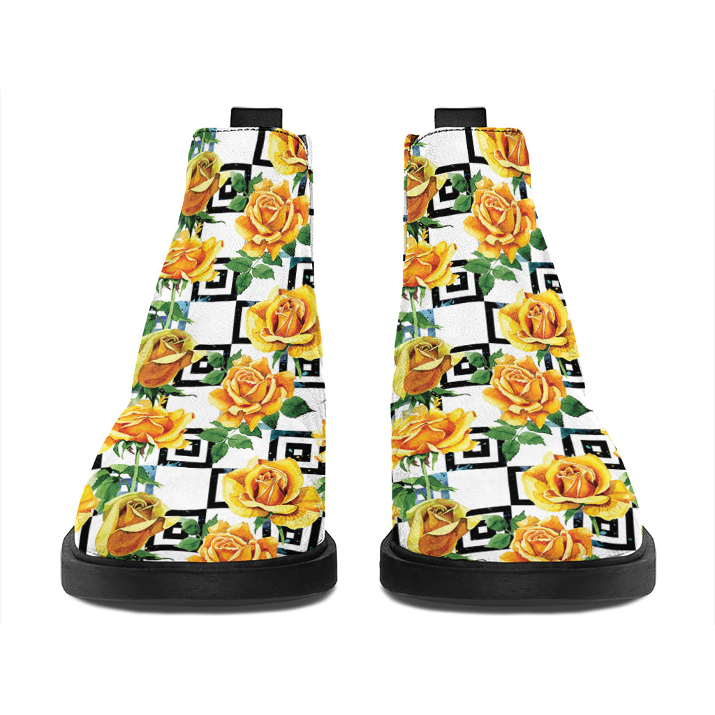 Yellow Watercolor Rose Print Flat Ankle Boots