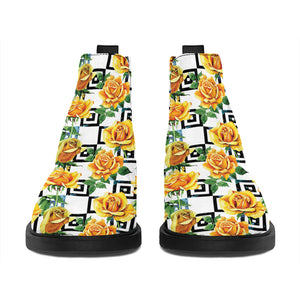 Yellow Watercolor Rose Print Flat Ankle Boots