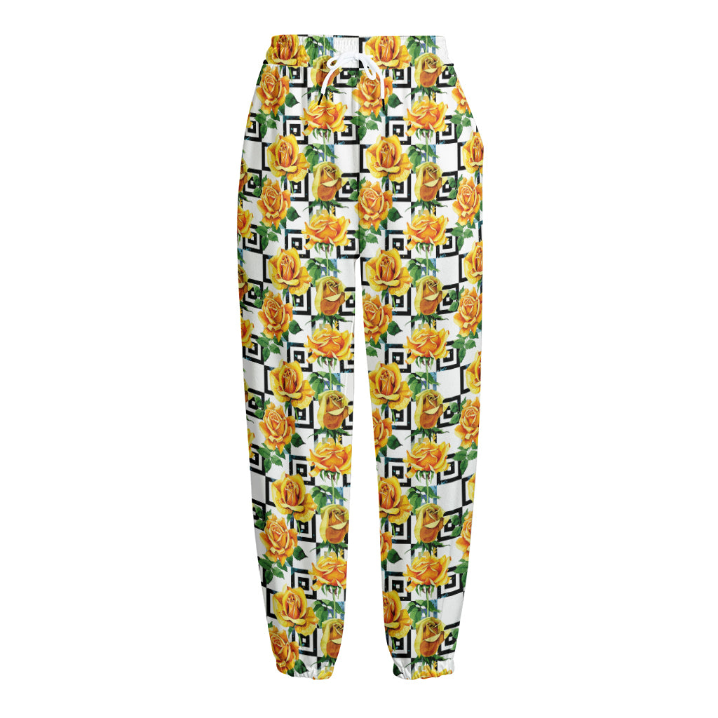 Yellow Watercolor Rose Print Fleece Lined Knit Pants