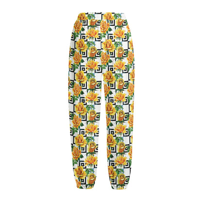 Yellow Watercolor Rose Print Fleece Lined Knit Pants