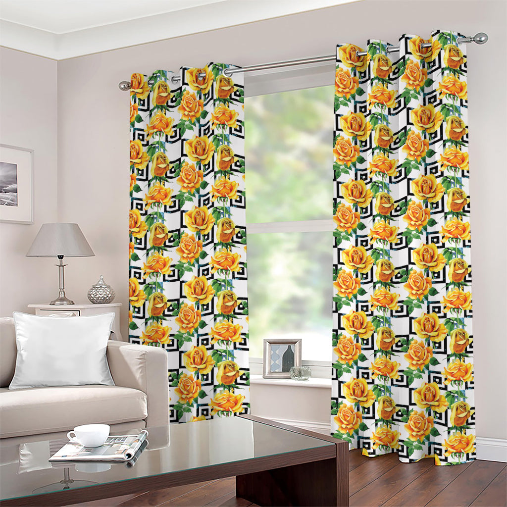 Yellow Watercolor Rose Print Grommet Curtains