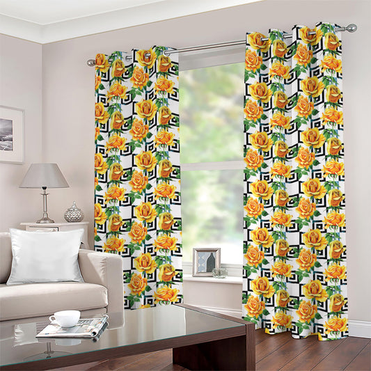 Yellow Watercolor Rose Print Grommet Curtains