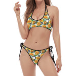 Yellow Watercolor Rose Print Halter Scoop Tie Side Bikini
