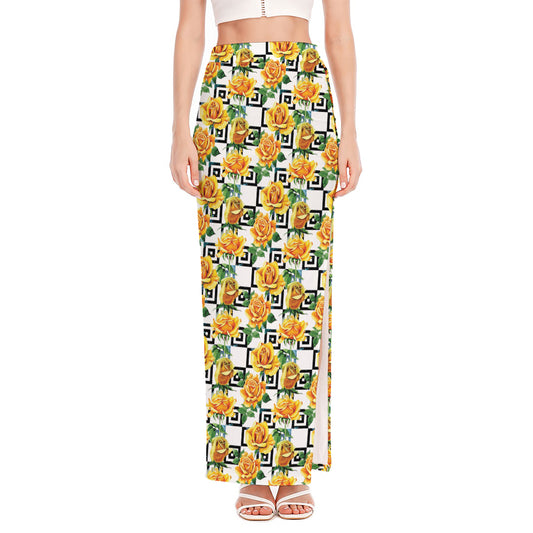 Yellow Watercolor Rose Print High Slit Maxi Skirt