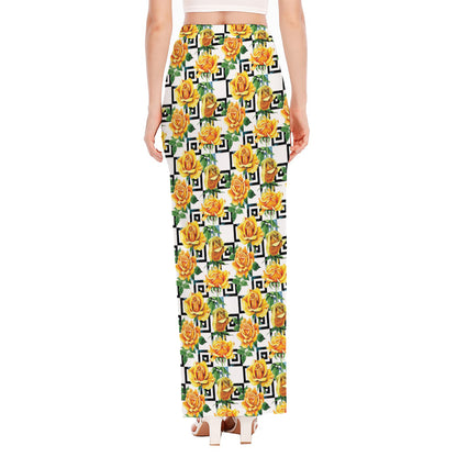 Yellow Watercolor Rose Print High Slit Maxi Skirt