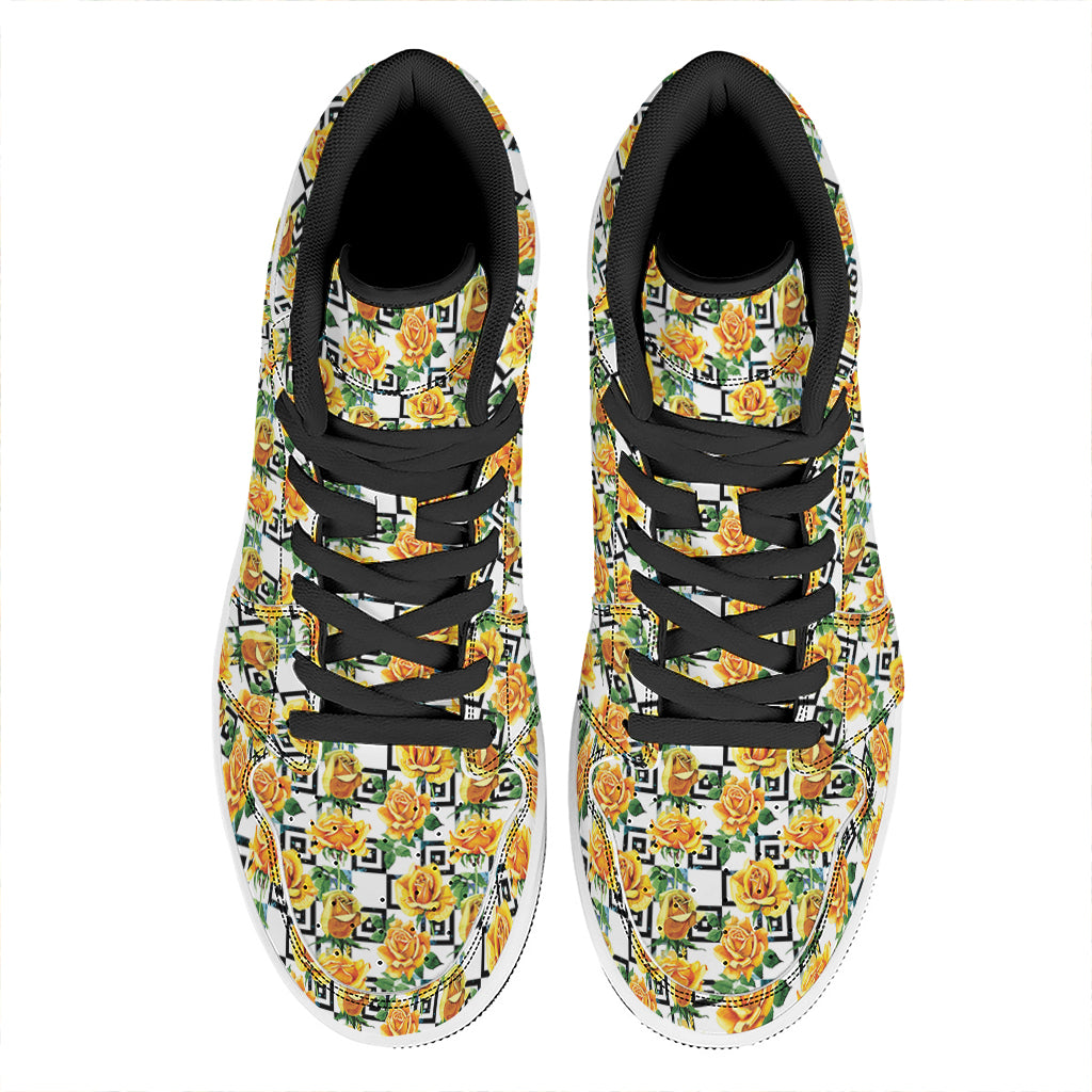 Yellow Watercolor Rose Print High Top Leather Sneakers