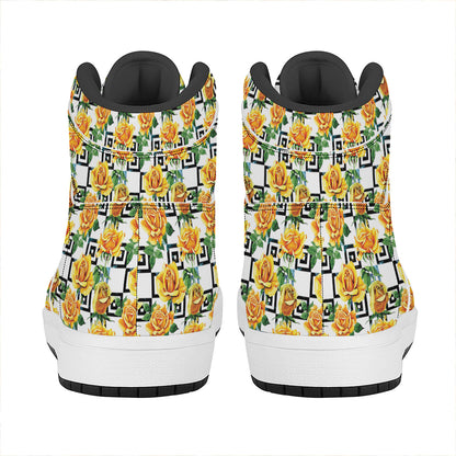 Yellow Watercolor Rose Print High Top Leather Sneakers