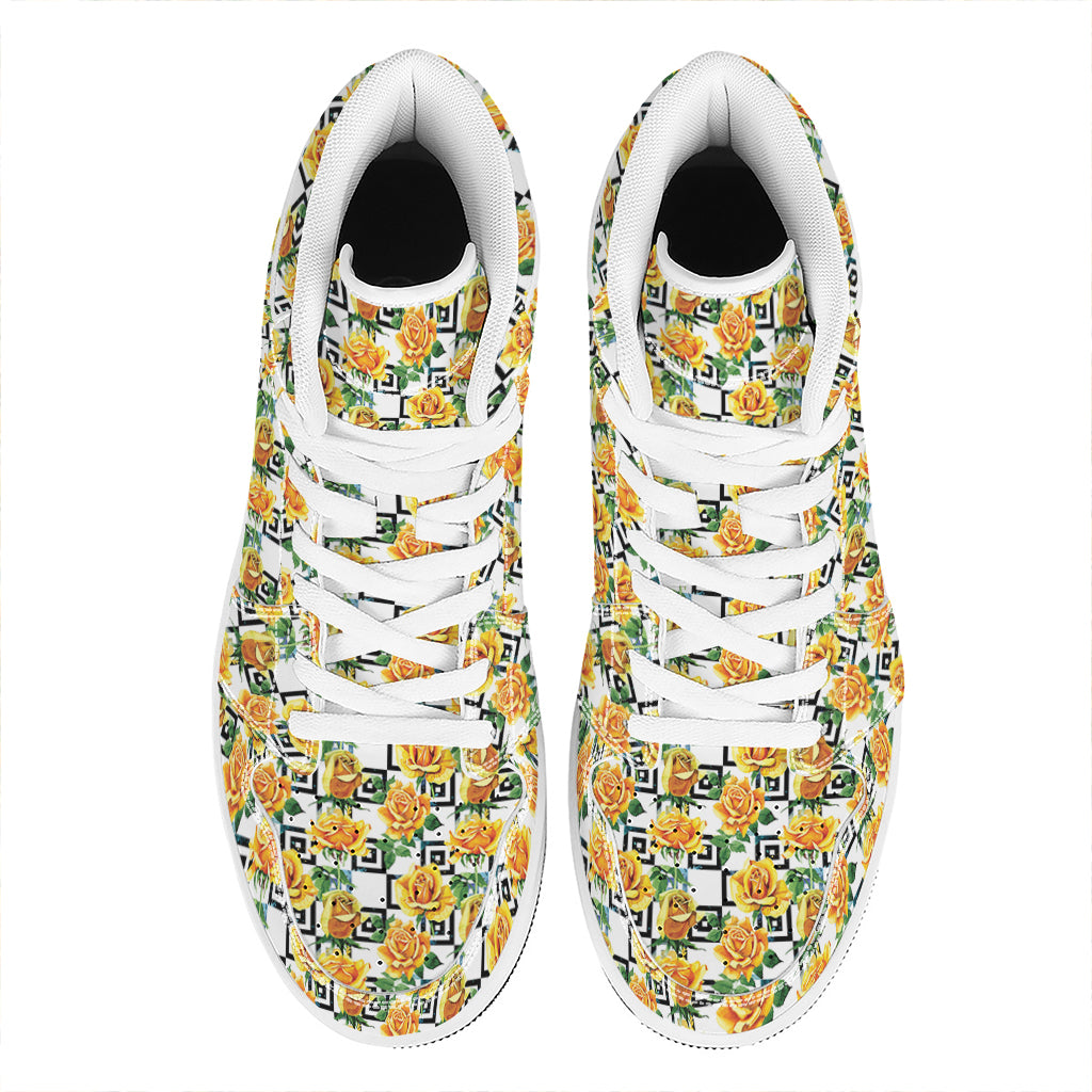 Yellow Watercolor Rose Print High Top Leather Sneakers