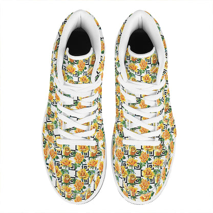 Yellow Watercolor Rose Print High Top Leather Sneakers