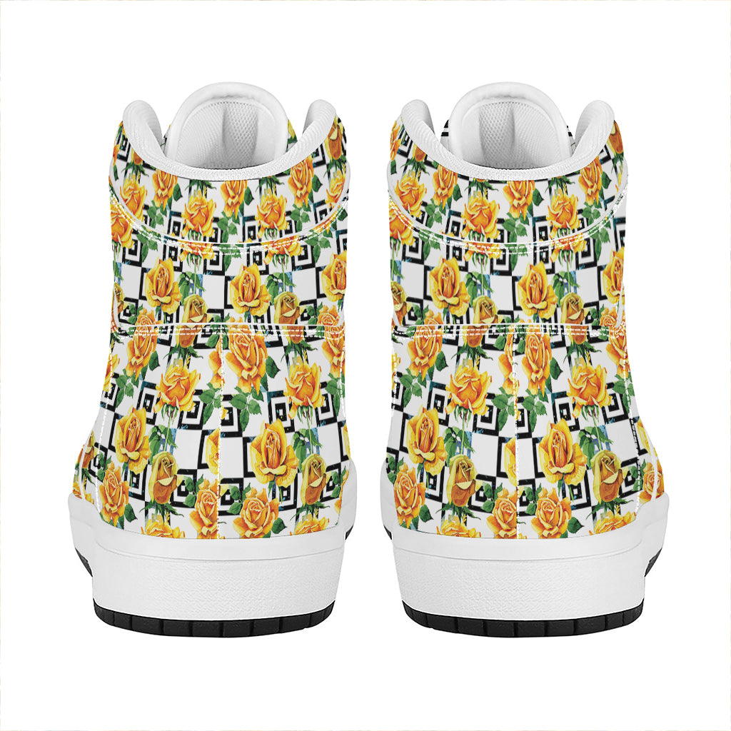 Yellow Watercolor Rose Print High Top Leather Sneakers