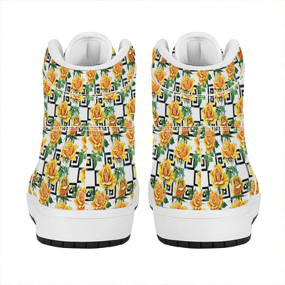 Yellow Watercolor Rose Print High Top Leather Sneakers