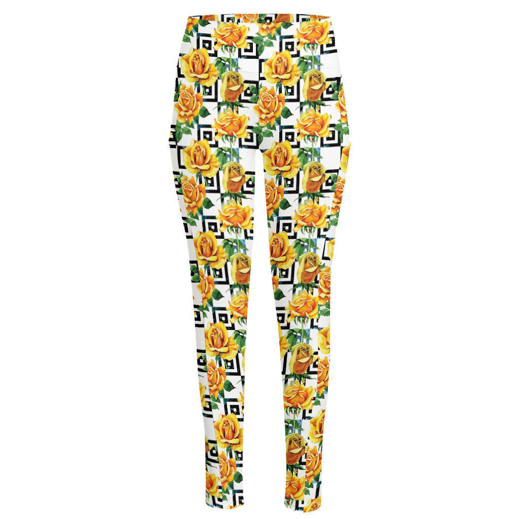 Yellow Watercolor Rose Print High-Waisted Pocket Leggings