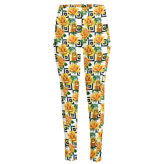 Yellow Watercolor Rose Print High-Waisted Pocket Leggings