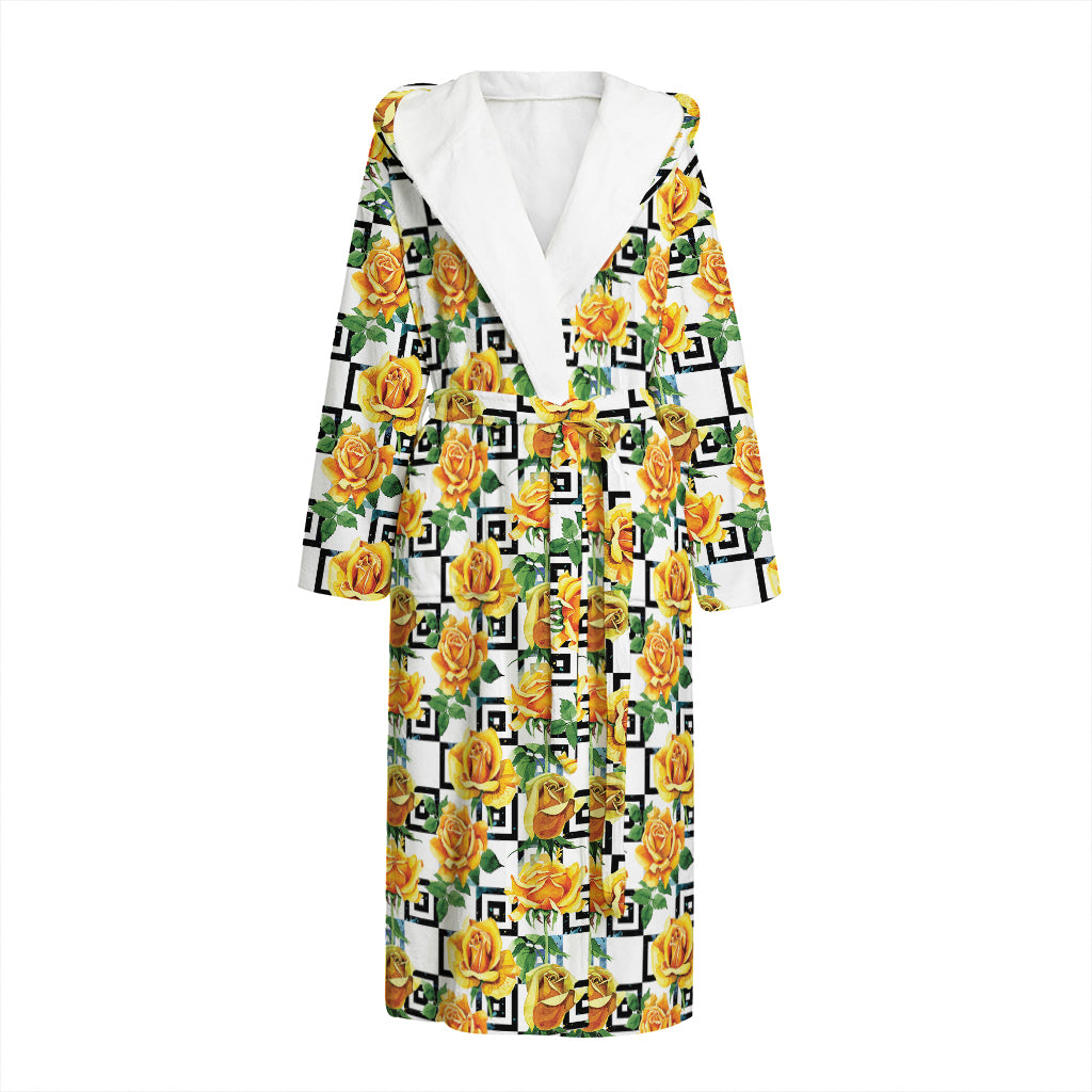 Yellow Watercolor Rose Print Hooded Bathrobe