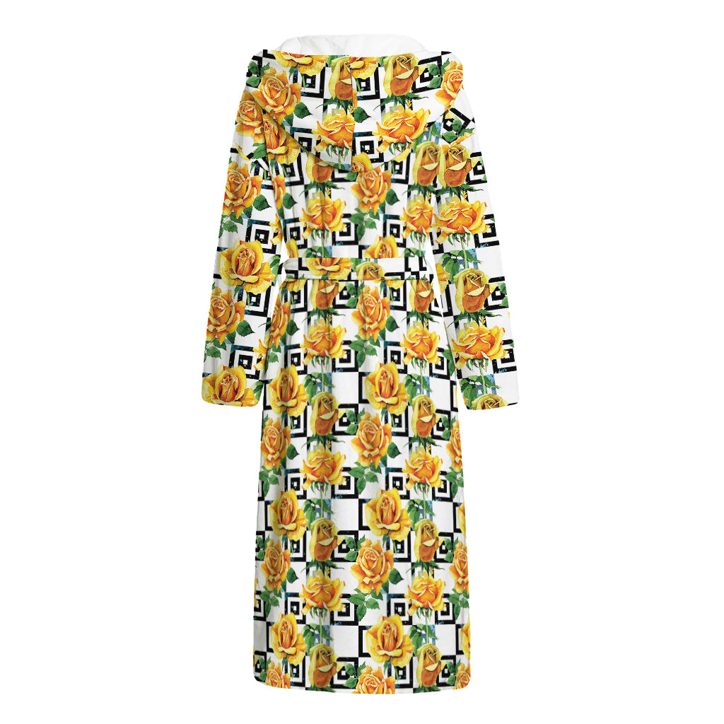 Yellow Watercolor Rose Print Hooded Bathrobe